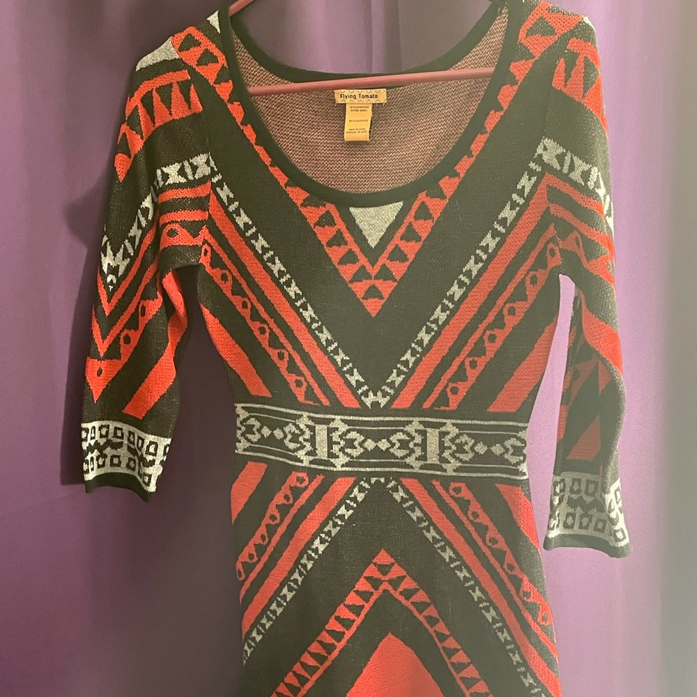 Red Aztec Print Long-sleeved Dress